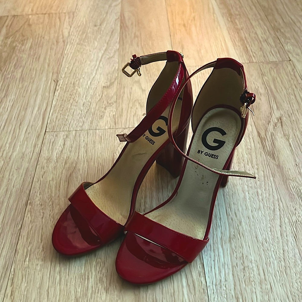 G by Guess red patent open toe heels with ankle straps. Excellent condit…